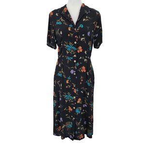 Norm Thompson Dress Women's 10 Black Floral Button Up Pockets Vintage